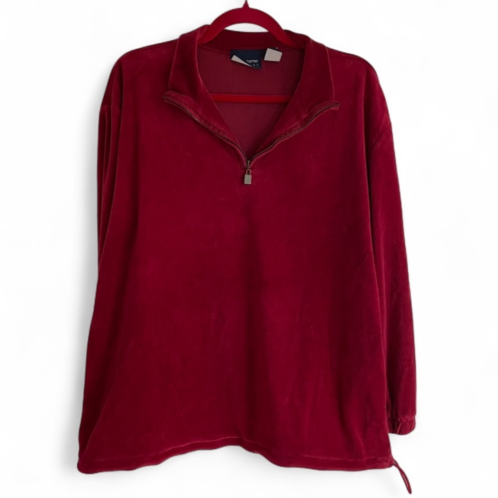 Liz Claiborne LizSport Quarter Zip Red Velour Pullover Sweatshirt Size L